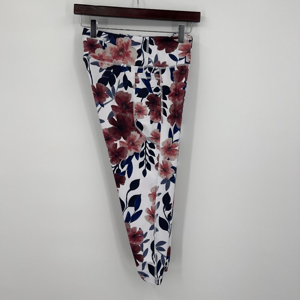 Senita Athletics Floral Capri Leggings Women's L Large Back Zip Pocket Side Pock